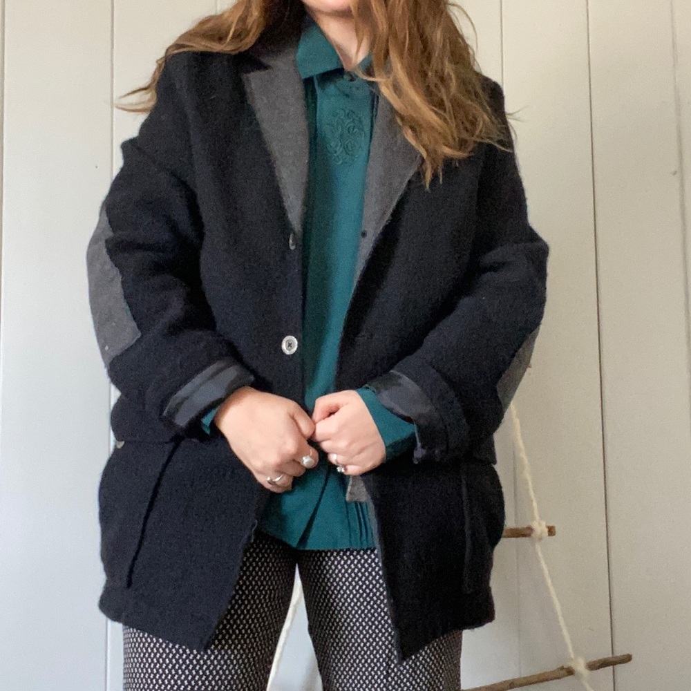 Oversized Vintage 80s 90s Black Gray Wool Coat